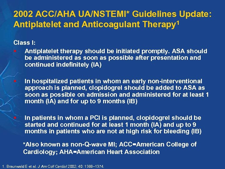 2002 ACC/AHA UA/NSTEMI* Guidelines Update: Antiplatelet and Anticoagulant Therapy 1 Class I: § Antiplatelet