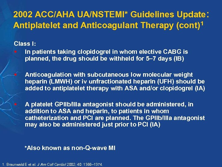 2002 ACC/AHA UA/NSTEMI* Guidelines Update: Antiplatelet and Anticoagulant Therapy (cont)1 Class I: § In