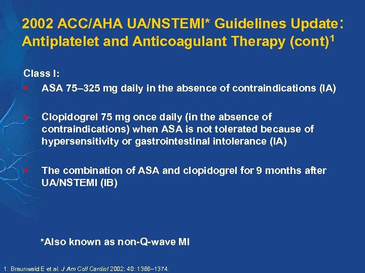 2002 ACC/AHA UA/NSTEMI* Guidelines Update: Antiplatelet and Anticoagulant Therapy (cont)1 Class I: § ASA