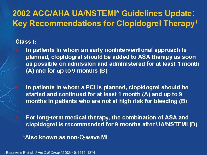 2002 ACC/AHA UA/NSTEMI* Guidelines Update: Key Recommendations for Clopidogrel Therapy 1 Class I: §