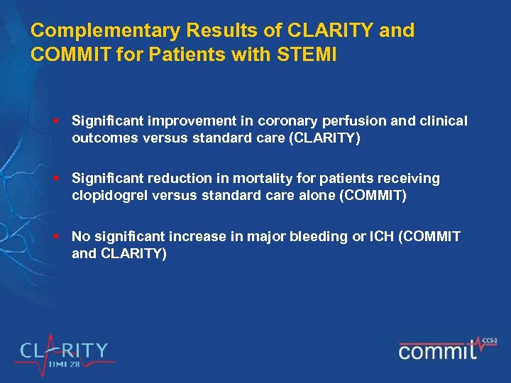 Complementary Results of CLARITY and COMMIT for Patients with STEMI § Significant improvement in