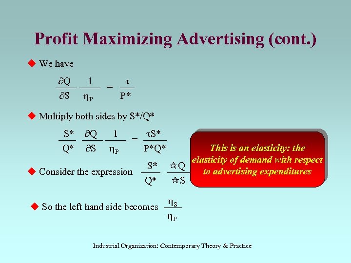 Profit Maximizing Advertising (cont. ) u We have Q S 1 t P* =