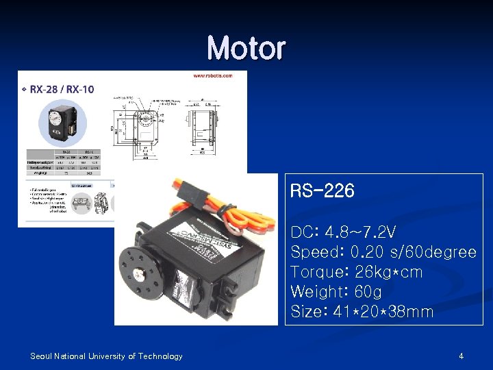 Motor RS-226 DC: 4. 8~7. 2 V Speed: 0. 20 s/60 degree Torque: 26