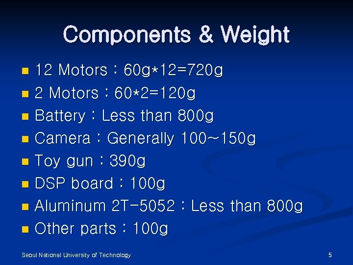 Components & Weight 12 Motors : 60 g*12=720 g n 2 Motors : 60*2=120