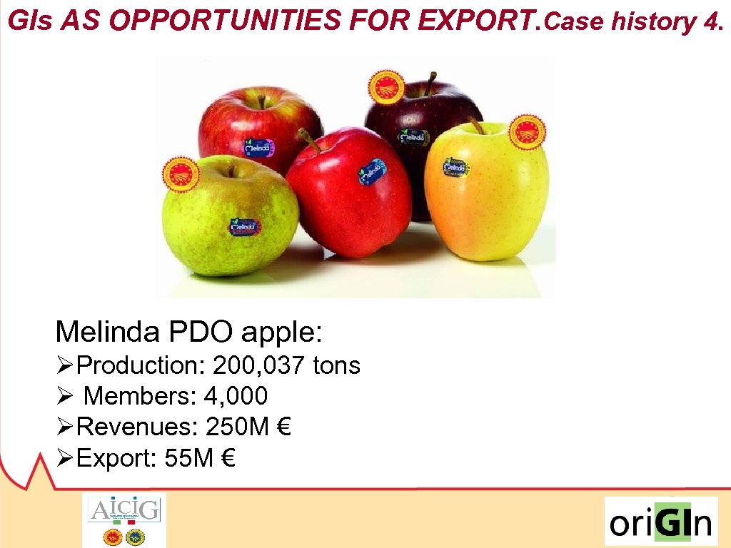 GIs AS OPPORTUNITIES FOR EXPORT. Case history 4. 2009/2016: Melinda PDO apple: +63% ØProduction: