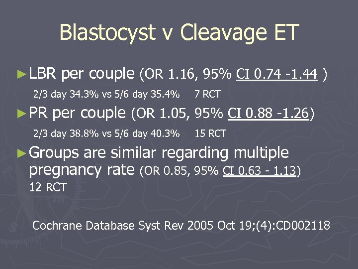Blastocyst v Cleavage ET ► LBR per couple (OR 1. 16, 95% CI 0.