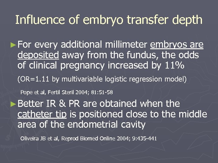 Influence of embryo transfer depth ► For every additional millimeter embryos are deposited away