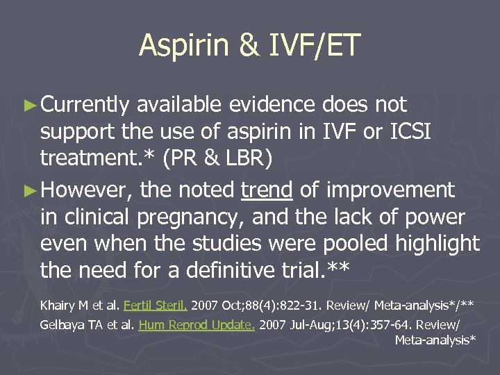 Aspirin & IVF/ET ► Currently available evidence does not support the use of aspirin