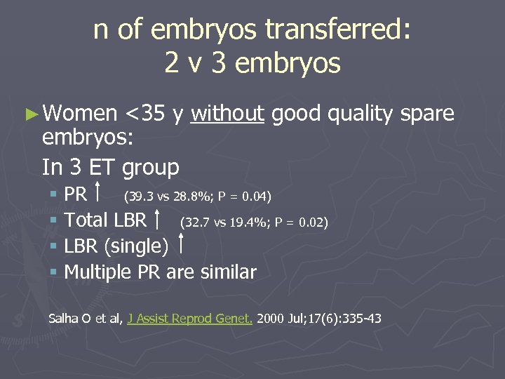 n of embryos transferred: 2 v 3 embryos ► Women <35 y without good
