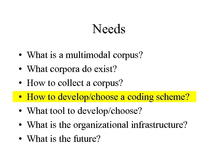 Needs • • What is a multimodal corpus? What corpora do exist? How to