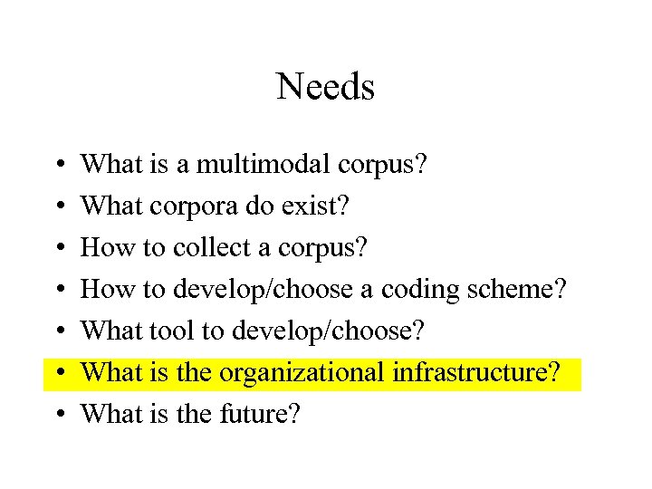 Needs • • What is a multimodal corpus? What corpora do exist? How to