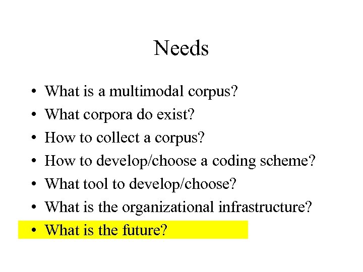 Needs • • What is a multimodal corpus? What corpora do exist? How to