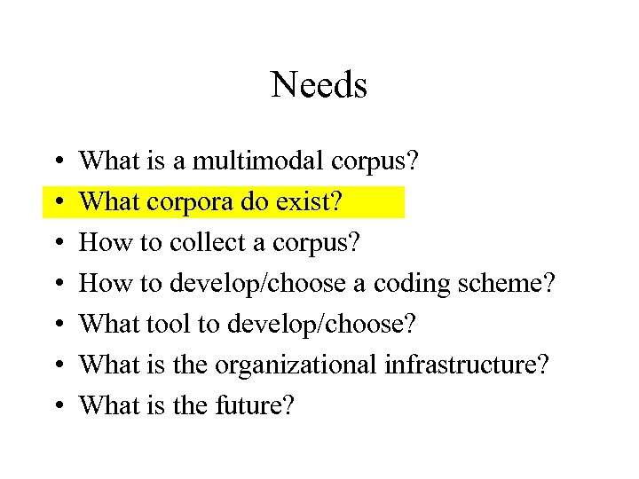 Needs • • What is a multimodal corpus? What corpora do exist? How to
