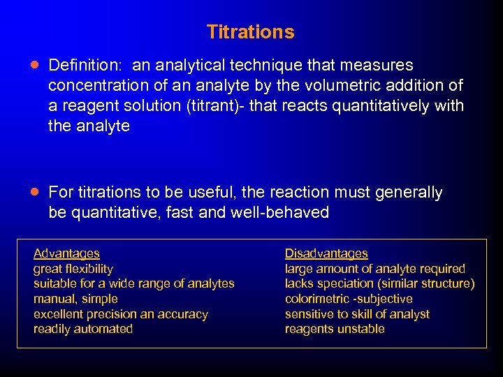 Titrations · Definition: an analytical technique that measures concentration of an analyte by the