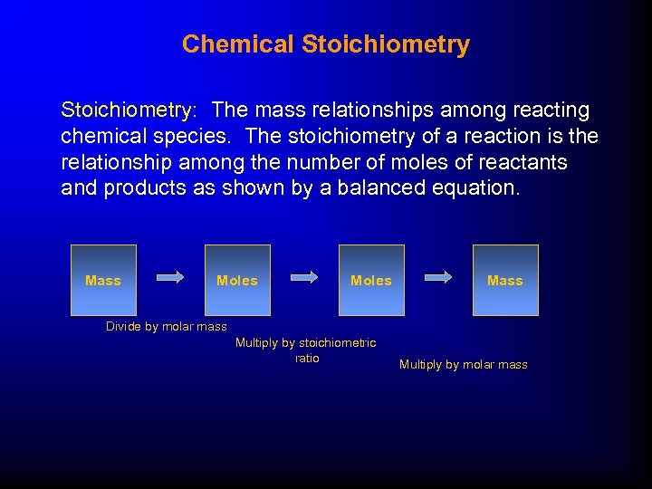 Chemical Stoichiometry: The mass relationships among reacting chemical species. The stoichiometry of a reaction