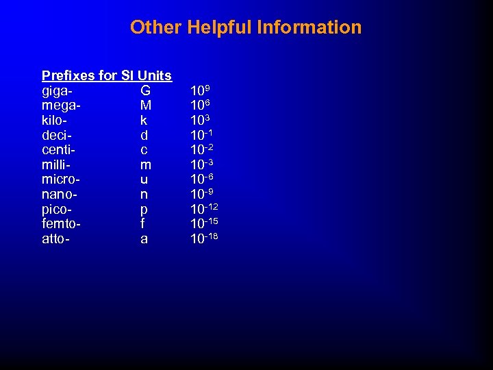 Other Helpful Information Prefixes for SI Units giga. G mega- M kilok decid centic