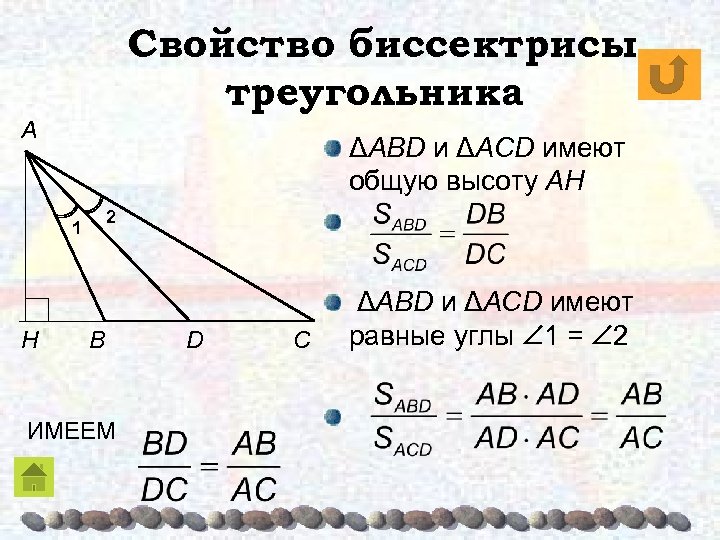 Свойство биссектрисы треугольника A ΔABD и ΔACD имеют общую высоту AH 2 1 H