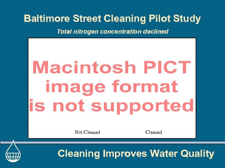 Baltimore Street Cleaning Pilot Study Total nitrogen concentration declined Not Cleaned Cleaning Improves Water