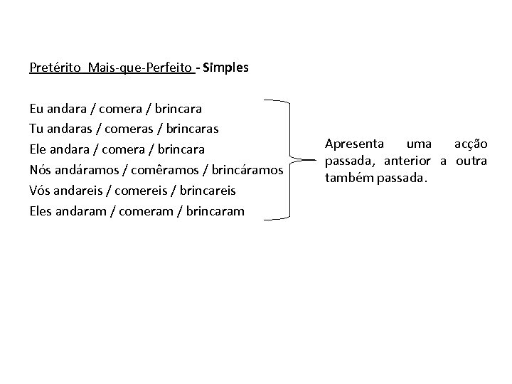 Pretérito Mais-que-Perfeito - Simples Eu andara / comera / brincara Tu andaras / comeras