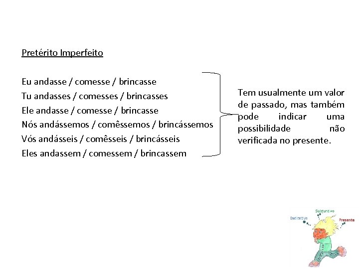 Pretérito Imperfeito Eu andasse / comesse / brincasse Tu andasses / comesses / brincasses