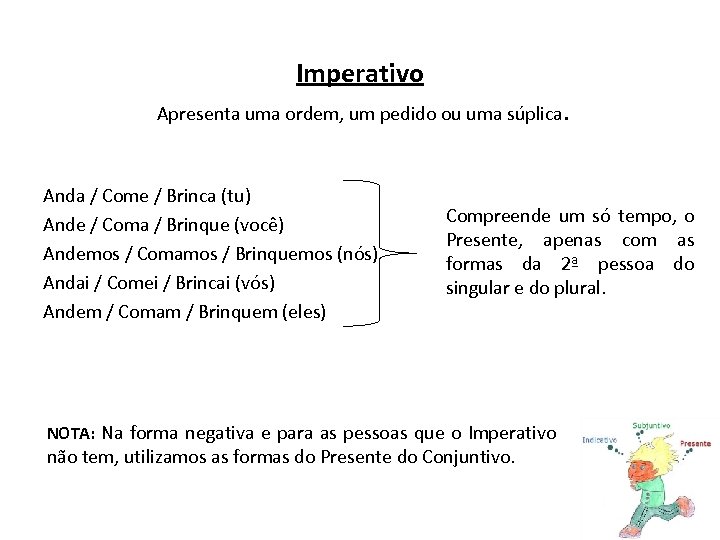 Imperativo Apresenta uma ordem, um pedido ou uma súplica. Anda / Come / Brinca