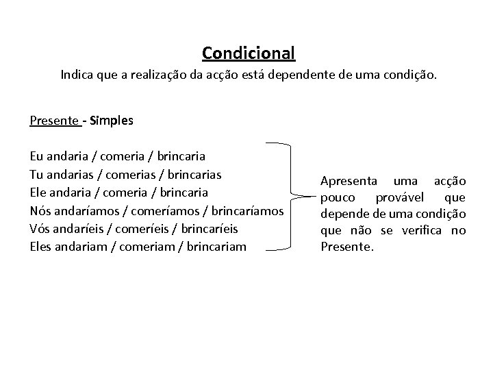 Condicional Indica que a realização da acção está dependente de uma condição. Presente -
