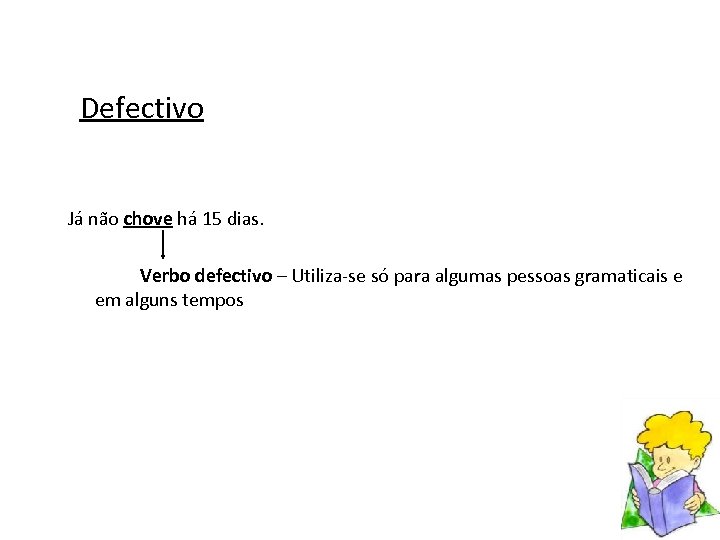 Defectivo Já não chove há 15 dias. Verbo defectivo – Utiliza-se só para algumas