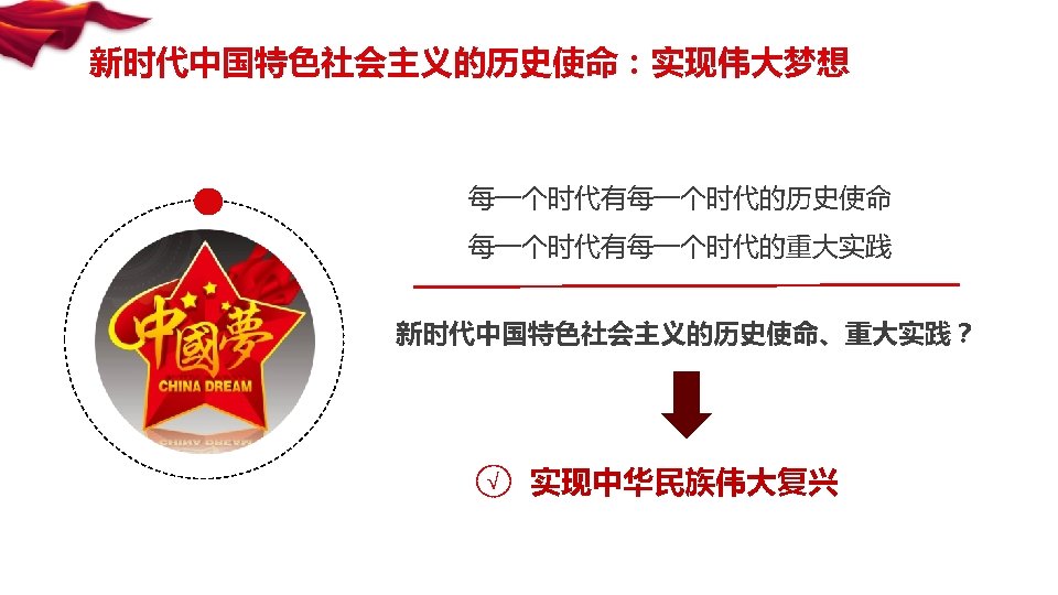 新时代中国特色社会主义的历史使命：实现伟大梦想 每一个时代有每一个时代的历史使命 每一个时代有每一个时代的重大实践 新时代中国特色社会主义的历史使命、重大实践？ √ 实现中华民族伟大复兴 