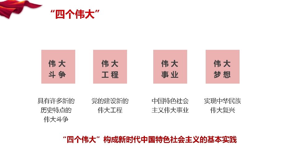 “四个伟大” 伟大 伟大 斗争 程 事业 梦想 具有许多新的 党的建设新的 中国特色社会 实现中华民族 历史特点的 伟大斗争 伟大