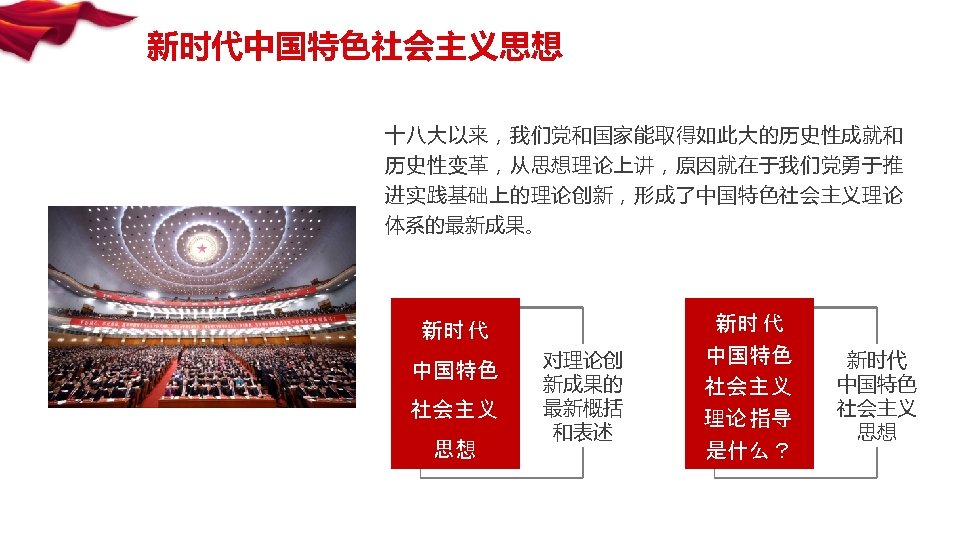 新时代中国特色社会主义思想 十八大以来，我们党和国家能取得如此大的历史性成就和 历史性变革，从思想理论上讲，原因就在于我们党勇于推 进实践基础上的理论创新，形成了中国特色社会主义理论 体系的最新成果。 新时 代 中国特色 社会主义 思想 对理论创 新成果的 最新概括 和表述