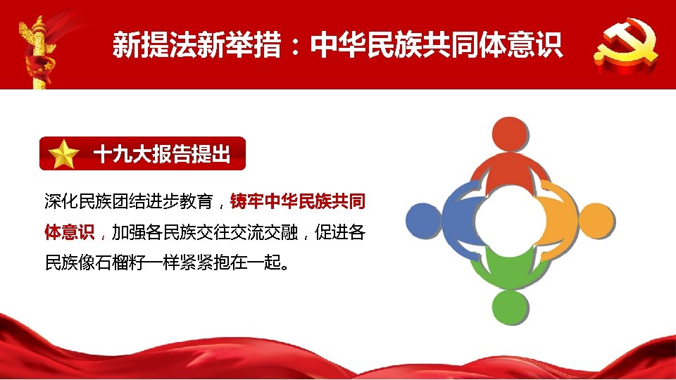 新提法新举措：中华民族共同体意识 十九大报告提出 深化民族团结进步教育，铸牢中华民族共同 体意识，加强各民族交往交流交融，促进各 民族像石榴籽一样紧紧抱在一起。 