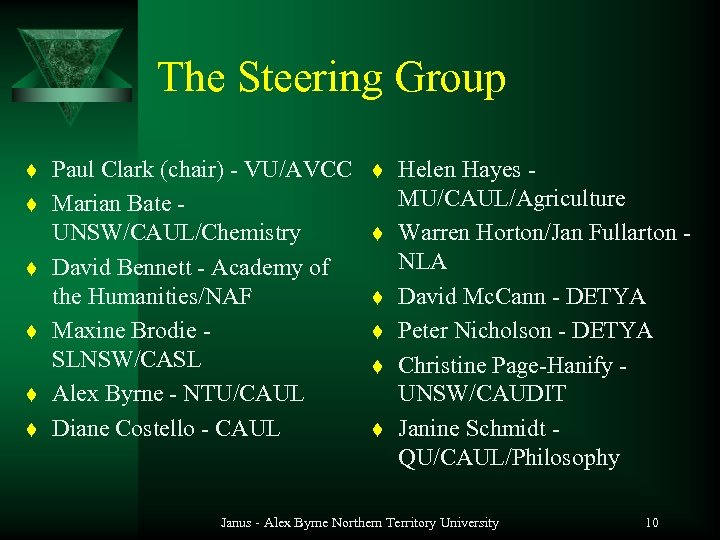 The Steering Group t t t Paul Clark (chair) - VU/AVCC Marian Bate UNSW/CAUL/Chemistry