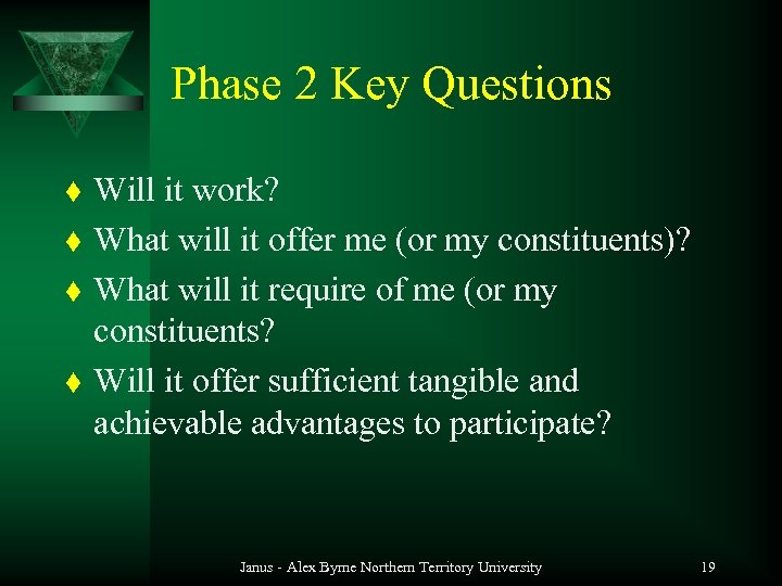 Phase 2 Key Questions t t Will it work? What will it offer me