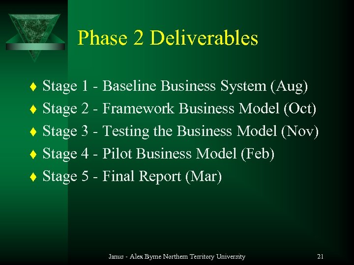 Phase 2 Deliverables t t t Stage 1 - Baseline Business System (Aug) Stage