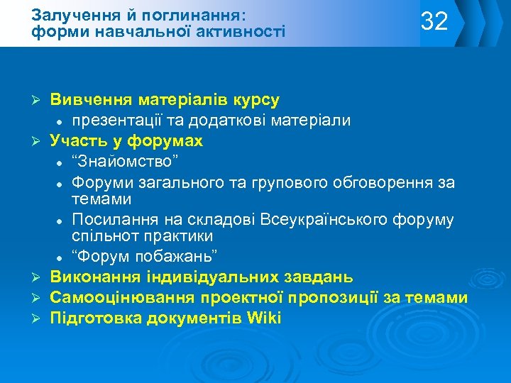 Залучення й поглинання: форми навчальної активності 32 Вивчення матеріалів курсу презентації та додаткові матеріали