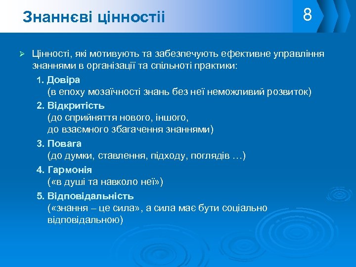 Знаннєві цінностіі 8 Цінності, які мотивують та забезпечують ефективне управління знаннями в організації та