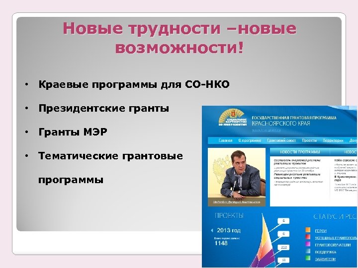 Новые трудности –новые возможности! • Краевые программы для СО-НКО • Президентские гранты • Гранты