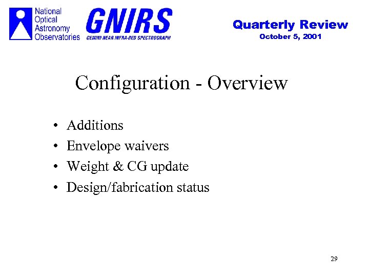 Quarterly Review October 5, 2001 Configuration - Overview • • Additions Envelope waivers Weight