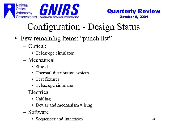 Quarterly Review October 5, 2001 Configuration - Design Status • Few remaining items: “punch