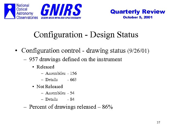 Quarterly Review October 5, 2001 Configuration - Design Status • Configuration control - drawing