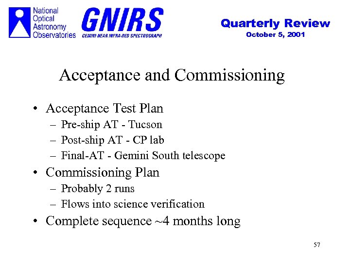 Quarterly Review October 5, 2001 Acceptance and Commissioning • Acceptance Test Plan – Pre-ship