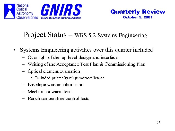 Quarterly Review October 5, 2001 Project Status – WBS 5. 2 Systems Engineering •