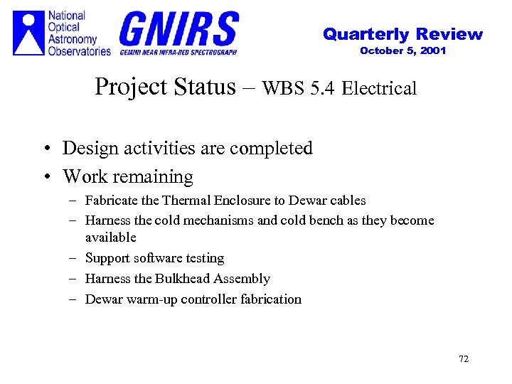 Quarterly Review October 5, 2001 Project Status – WBS 5. 4 Electrical • Design