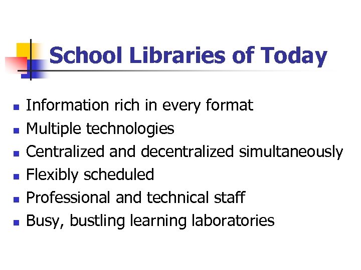 School Libraries of Today n n n Information rich in every format Multiple technologies