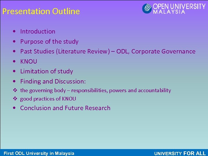 Presentation Outline • • • Introduction Purpose of the study Past Studies (Literature Review)