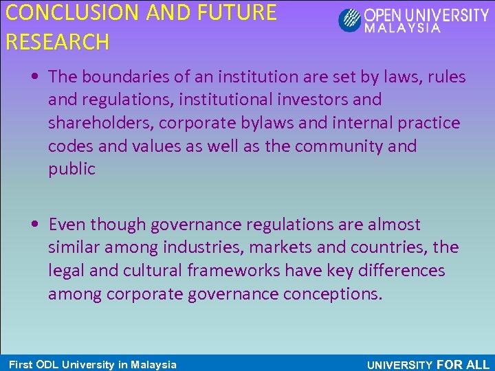 CONCLUSION AND FUTURE RESEARCH • The boundaries of an institution are set by laws,
