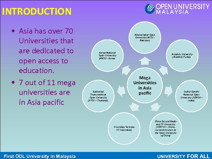 INTRODUCTION • Asia has over 70 Universities that are dedicated to open access to