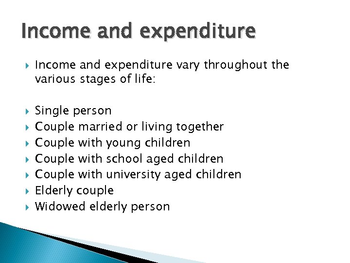 Income and expenditure Income and expenditure vary throughout the various stages of life: Single