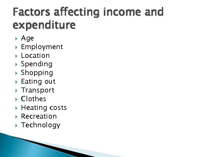Factors affecting income and expenditure Age Employment Location Spending Shopping Eating out Transport Clothes