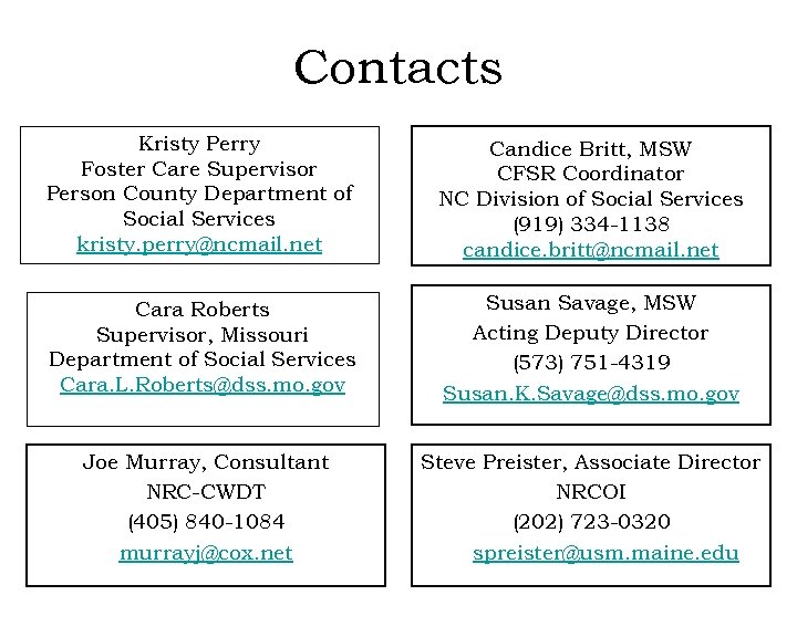 Contacts Kristy Perry Foster Care Supervisor Person County Department of Social Services kristy. perry@ncmail.